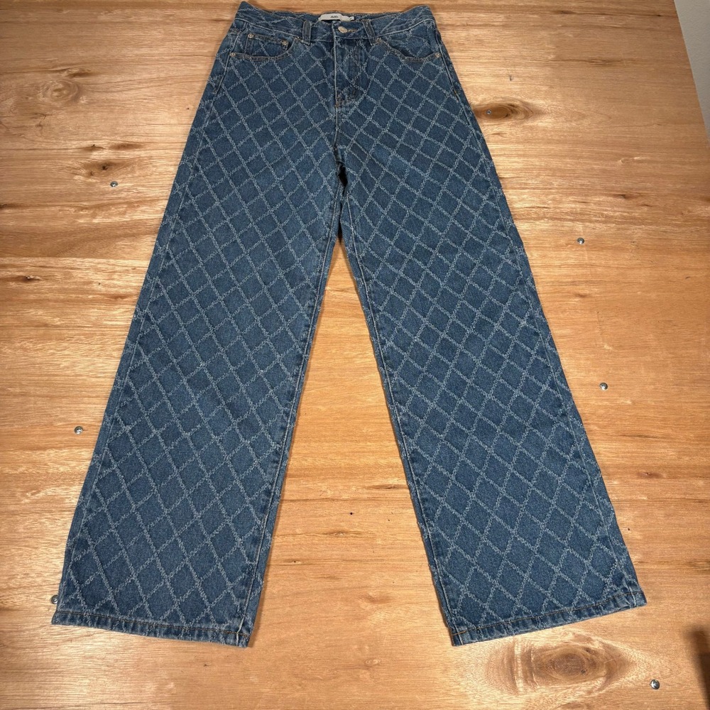 Adika Wide Leg Jeans Blue Distressed Diamond Quilted Pattern Streetwear Size S